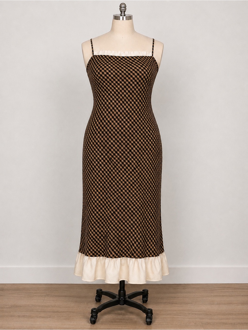 Antonio Melani x Courtney Grow Brown Gingham Midi Dress with Cream Ruffle Trim - Picture 3 of 10